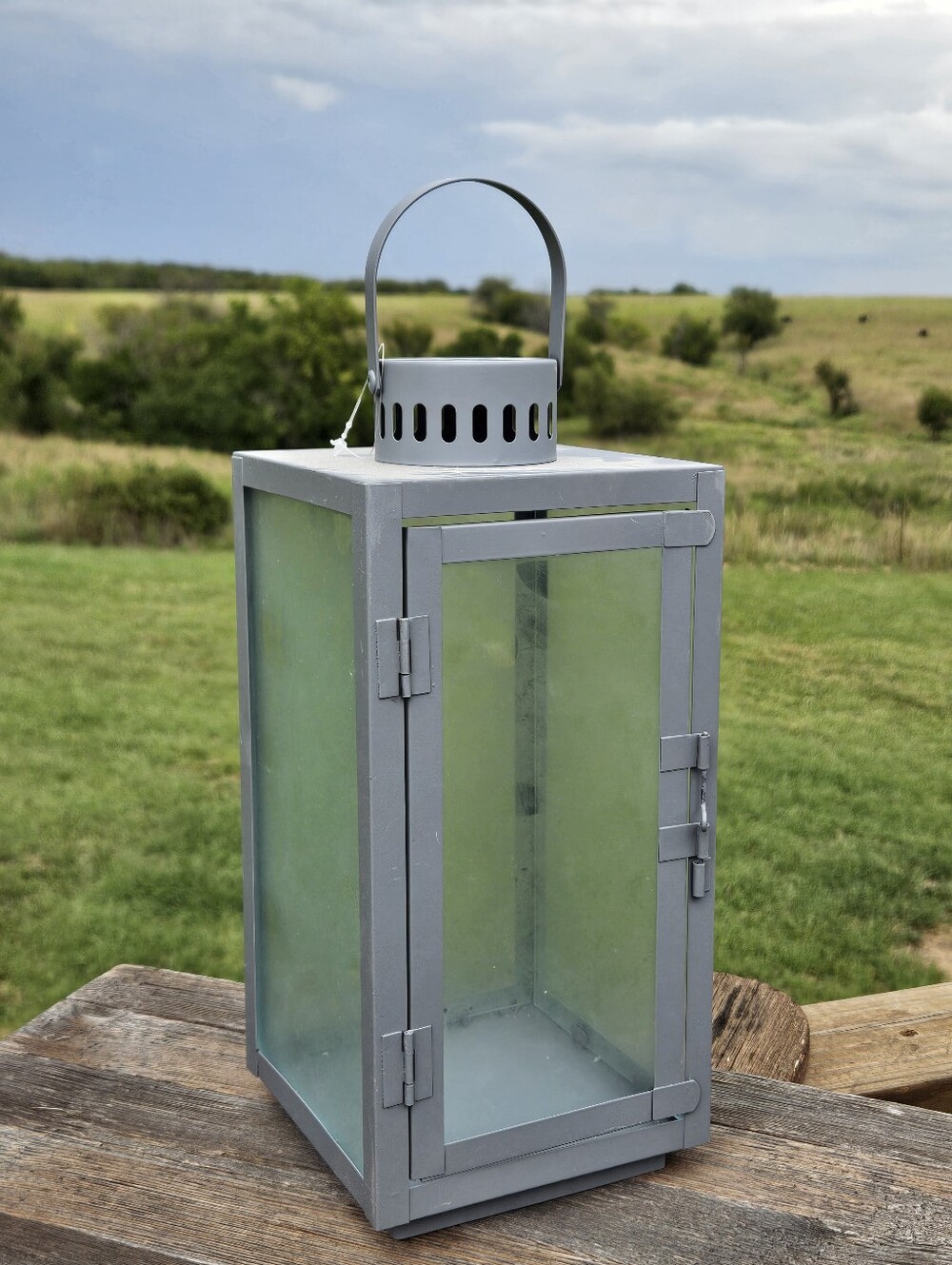 Gray Metal Candle Lantern Rustic Farmhouse Decor Glass Holder Fits 3x3 Pillar - Picture 3 of 9